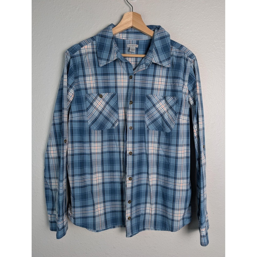 Carhartt Shirt Boys Large 12/14 Blue Plaid Long Sleeve Button Up Cotton